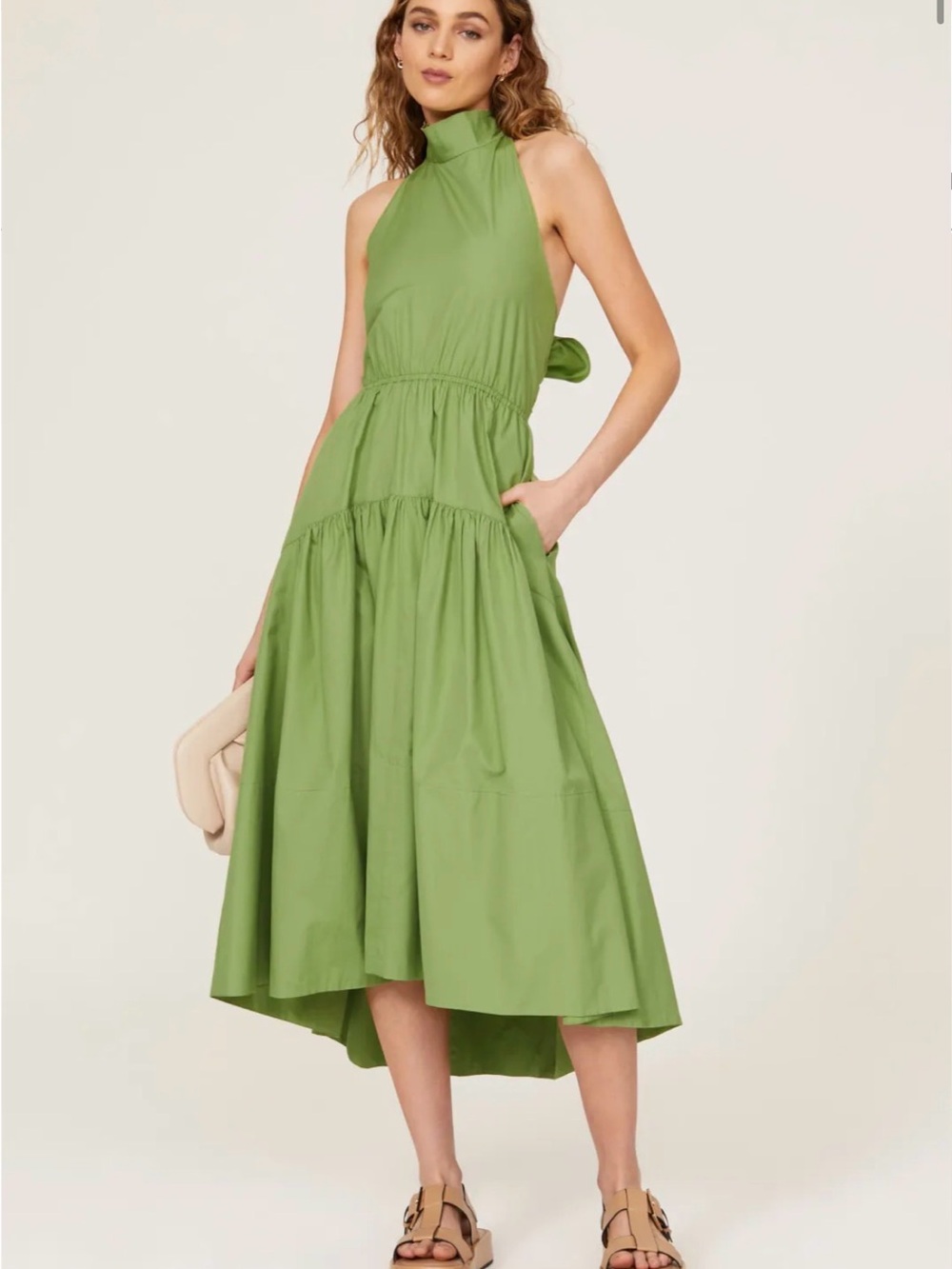 VINCE Pistachio Green Draped Neck Halter Tie Open Back Halter Dress M